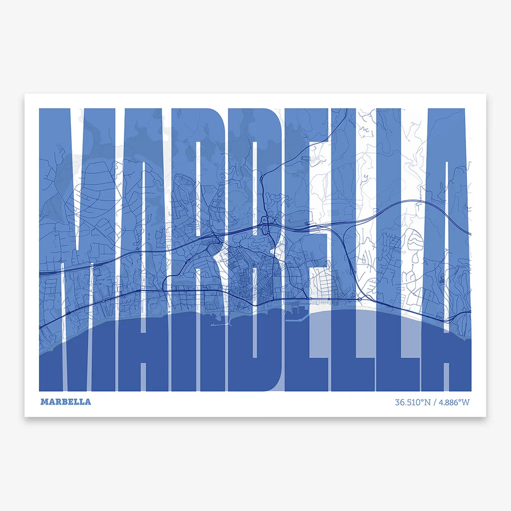 Decorative map of Marbella and letters of its name in a giclée print designed in navy blue and white