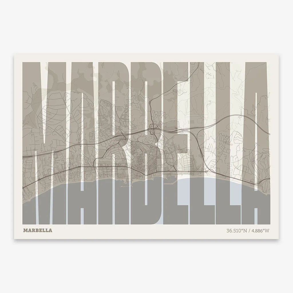 Decorative map of Marbella and letters of its name in a giclée print designed in light brown and an off-white background