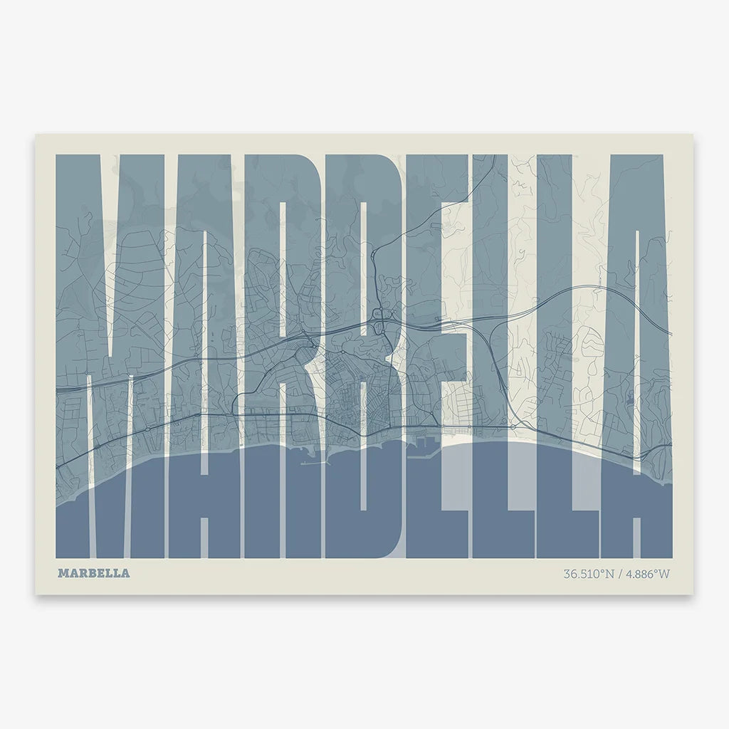 Decorative map of Marbella and letters of its name in a giclée print designed in bluish gray and an off-white background