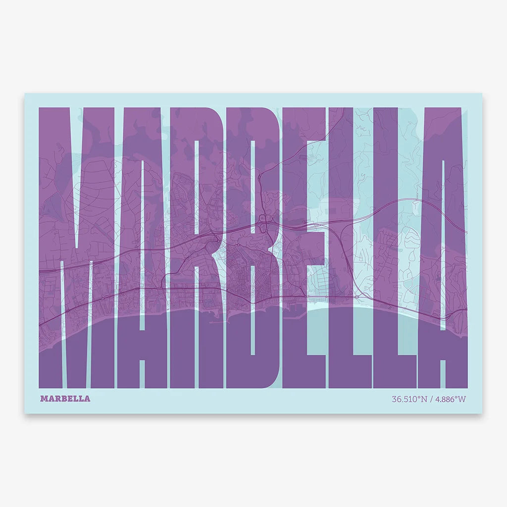 Decorative map of Marbella and letters of its name in a giclée print designed in purple and light blue