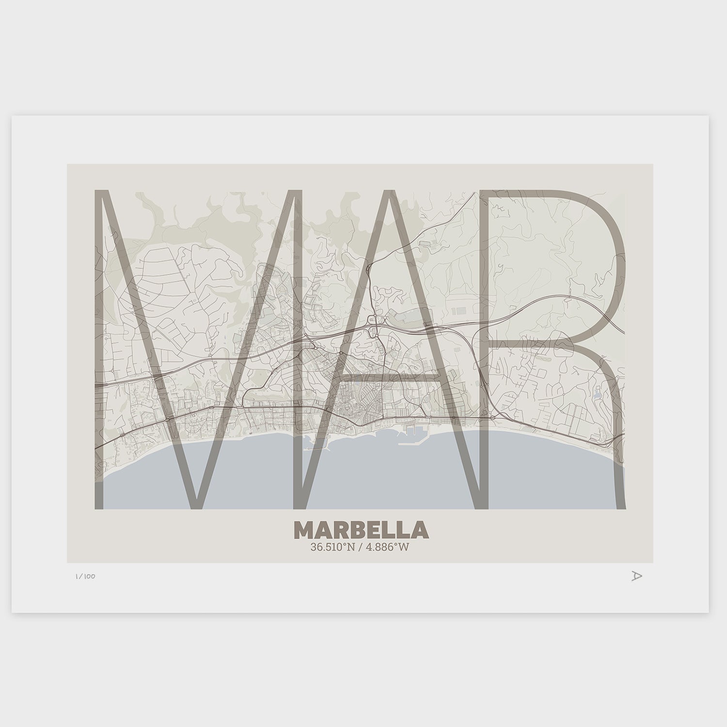 Lámina tipográfica de Marbella – diseño Ultrafina, sin marco sobre papel