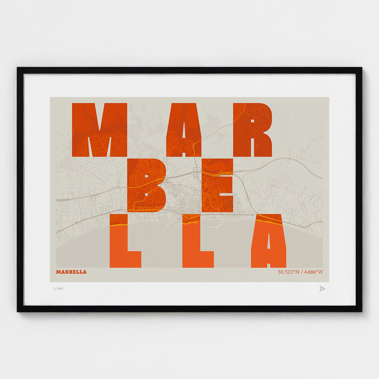 Lámina tipográfica de Marbella – diseño Revoltosa, marco negro