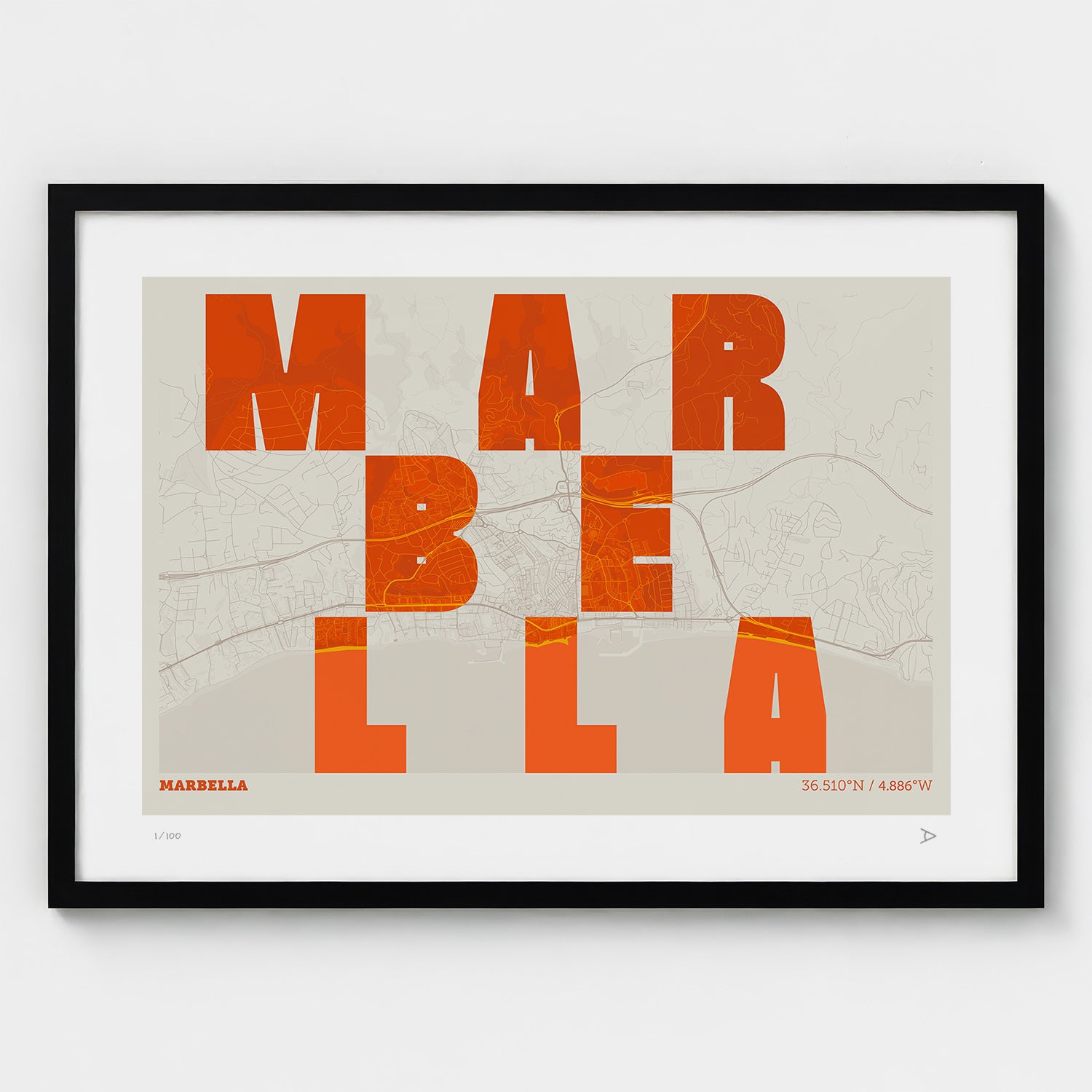 Lámina tipográfica de Marbella – diseño Revoltosa, marco negro