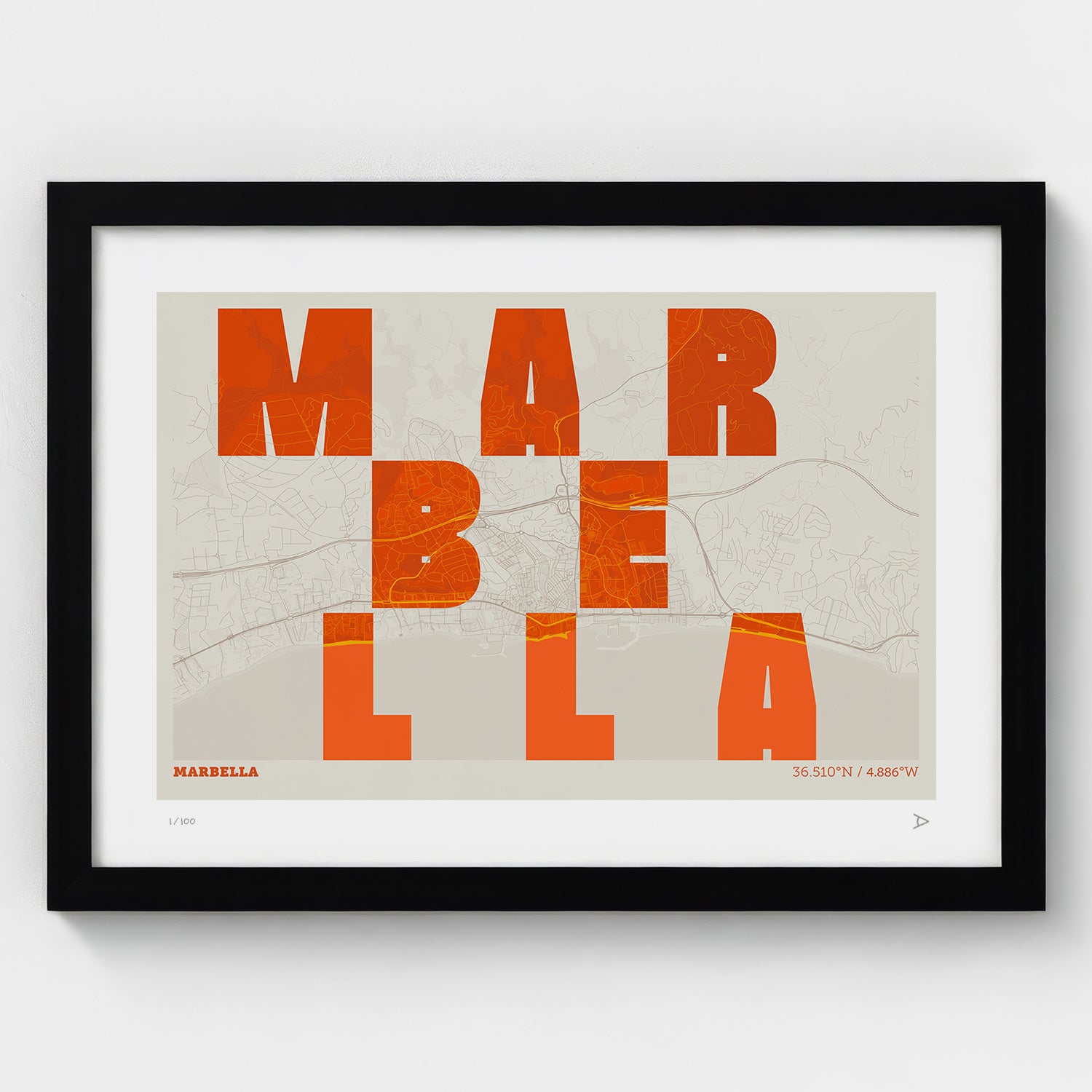Lámina tipográfica de Marbella – diseño Revoltosa, marco negro