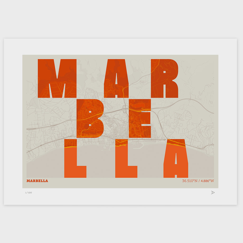 Lámina tipográfica de Marbella – diseño Revoltosa, sin marco sobre papel