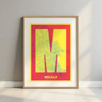 Framed Melilla in Super Bold design, a typographic poster where the city map is overlaid with extra-thick lettering for a modern, high-impact look designed in yellow and fuchsia with a white margin border in a warm lit minimalist setting