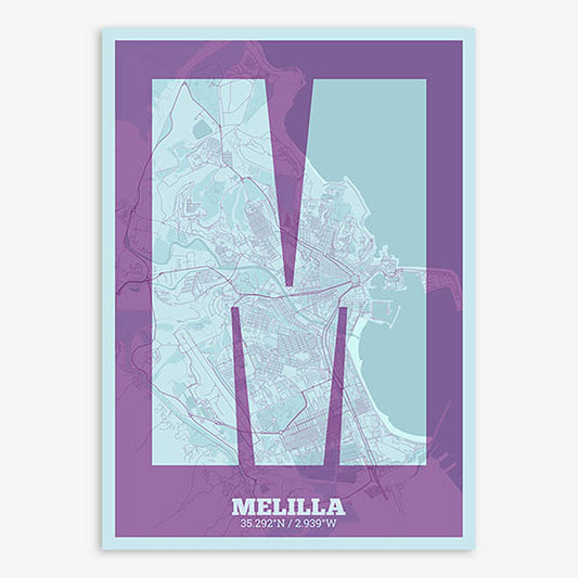 Decorative print of Melilla composed with letters in a heavy geometric font printed on purple and light blue