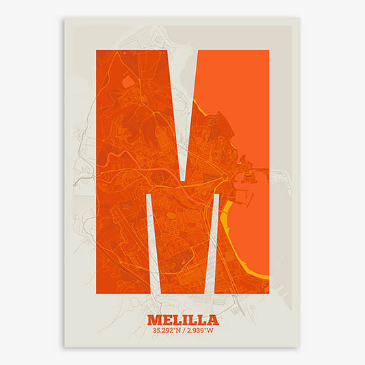 Decorative print of Melilla composed with letters in a heavy geometric font printed on orange and an off-white background