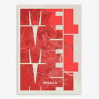 Mapa de Melilla en mi diseño la Inseparable, una visión artística con una tipografía expresiva que muestra la abreviatura del nombre sobre el mapa detallado diseñado en rojo y fondo blanco roto