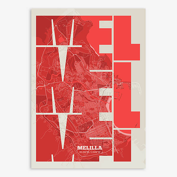 Poster of Melilla composed with letters from its abbreviation or its airport IATA code printed on red and an off-white background