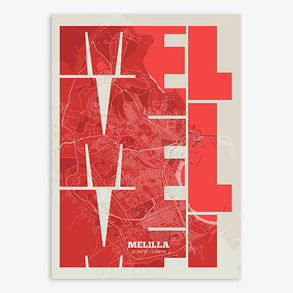 Poster of Melilla composed with letters from its abbreviation or its airport IATA code printed on red and an off-white background