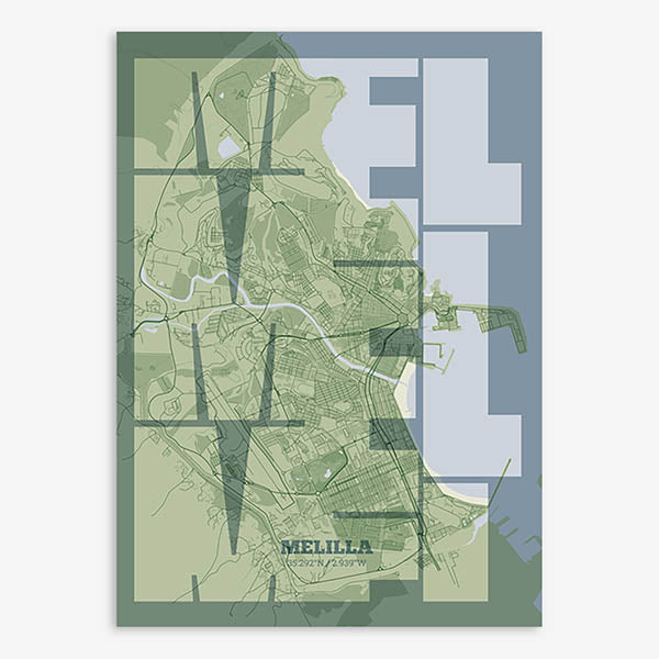 Poster of Melilla composed with letters from its abbreviation or its airport IATA code printed on two green tones
