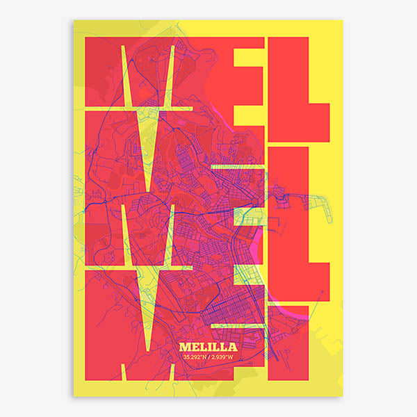 Poster of Melilla composed with letters from its abbreviation or its airport IATA code printed on yellow and fuchsia