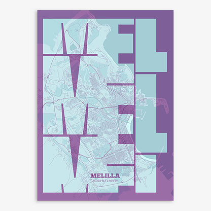 Poster of Melilla composed with letters from its abbreviation or its airport IATA code printed on purple and light blue