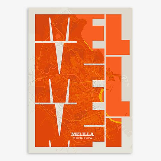 Poster of Melilla composed with letters from its abbreviation or its airport IATA code printed on orange and an off-white background