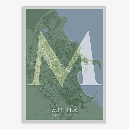 Decorative map of Melilla composed with letters in serif font printed on two green tones