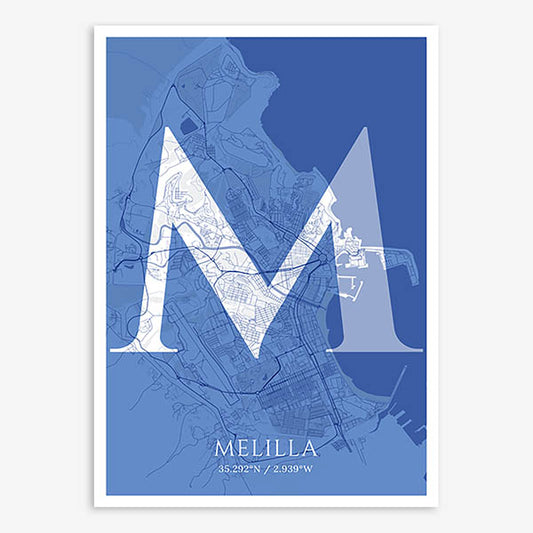 Decorative map of Melilla composed with letters in serif font printed on navy blue and white