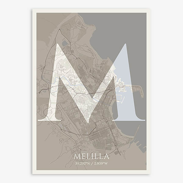 Decorative map of Melilla composed with letters in serif font printed on light brown and an off-white background