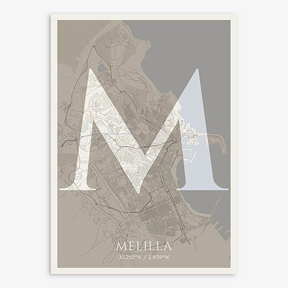 Decorative map of Melilla composed with letters in serif font printed on light brown and an off-white background