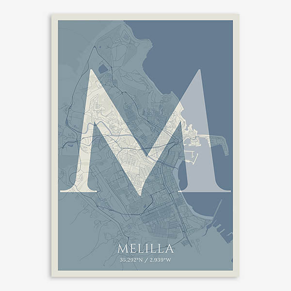 Decorative map of Melilla composed with letters in serif font printed on bluish gray and an off-white background
