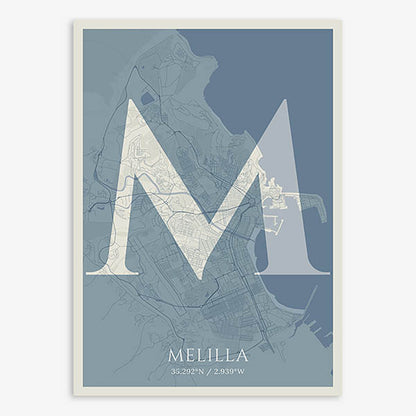 Decorative map of Melilla composed with letters in serif font printed on bluish gray and an off-white background