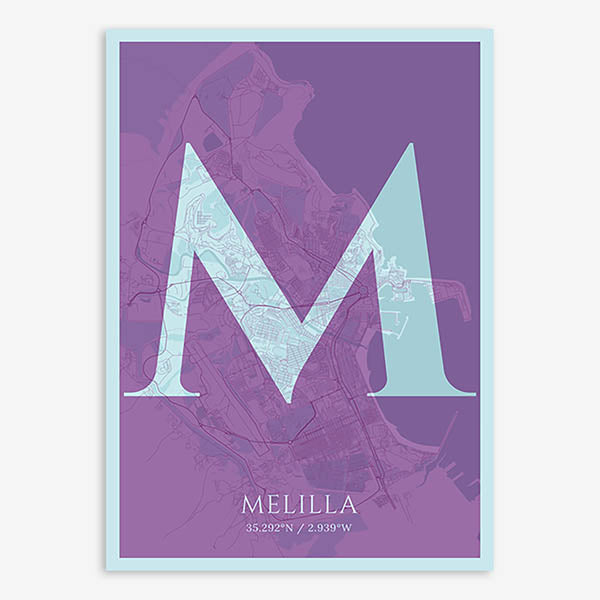 Decorative map of Melilla composed with letters in serif font printed on purple and light blue