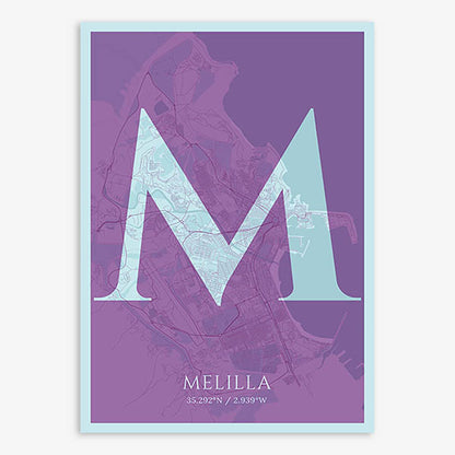 Decorative map of Melilla composed with letters in serif font printed on purple and light blue