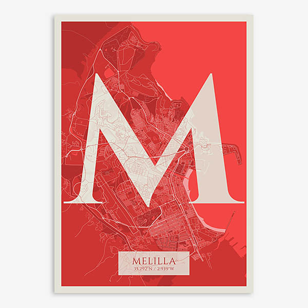 Decorative map of Melilla composed with letters in serif font printed on red and an off-white background