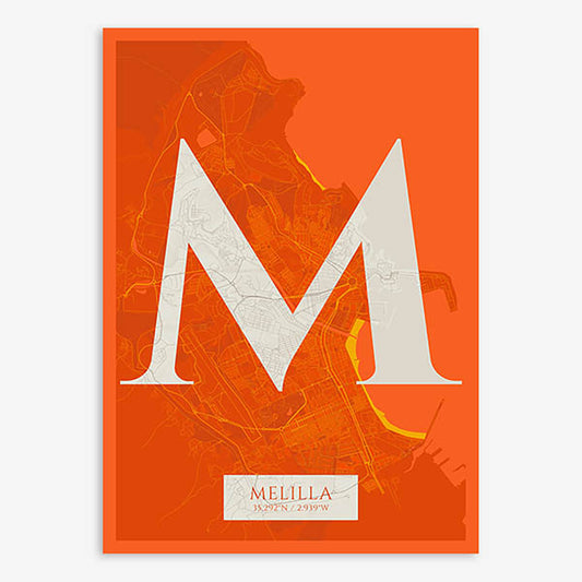 Decorative map of Melilla composed with letters in serif font printed on orange and an off-white background
