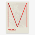 Mapa de Melilla en el diseño la Ultrafina, una estética minimalista que combina cartografía urbana con letras modernas, finas y elegantes diseñado en rojo y fondo blanco roto