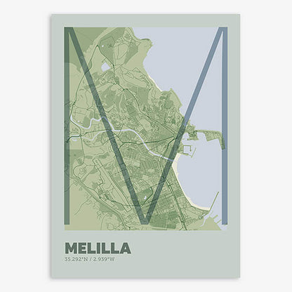 Poster of Melilla composed with letters in extra light font printed on two green tones