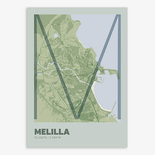 Poster of Melilla composed with letters in extra light font printed on two green tones