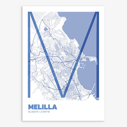 Poster of Melilla composed with letters in extra light font printed on navy blue and white