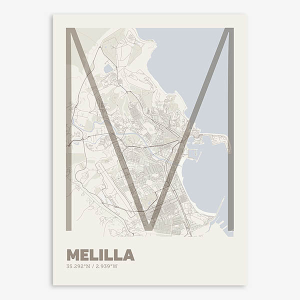 Poster of Melilla composed with letters in extra light font printed on light brown and an off-white background