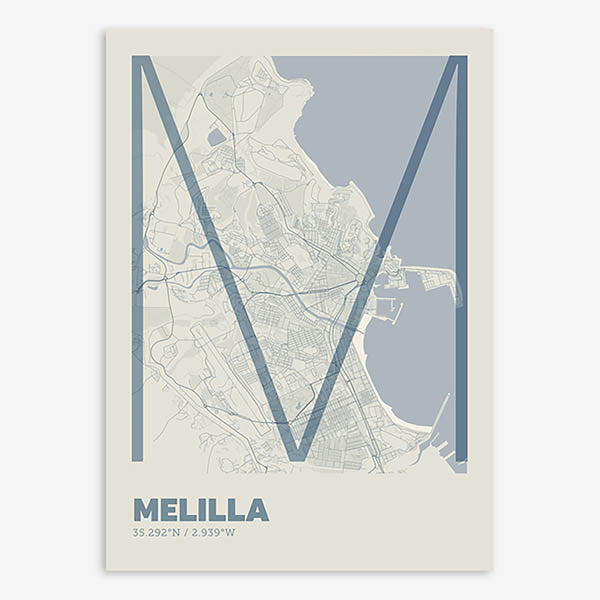 Poster of Melilla composed with letters in extra light font printed on bluish gray and an off-white background