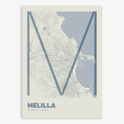 Poster of Melilla composed with letters in extra light font printed on bluish gray and an off-white background
