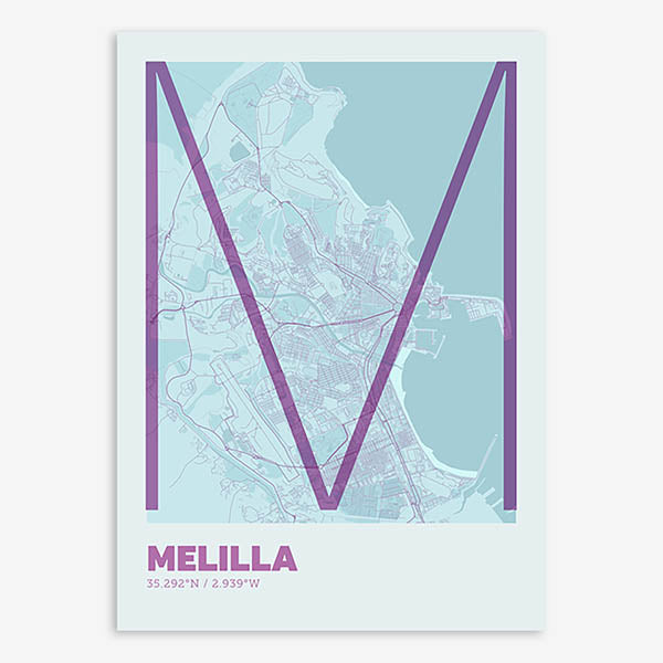 Poster of Melilla composed with letters in extra light font printed on purple and light blue