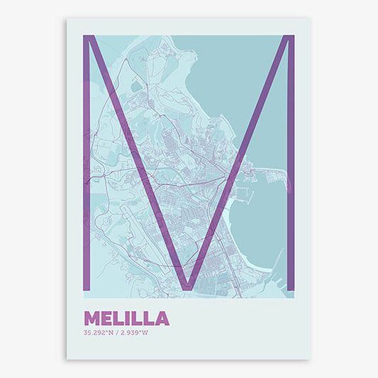 Poster of Melilla composed with letters in extra light font printed on purple and light blue