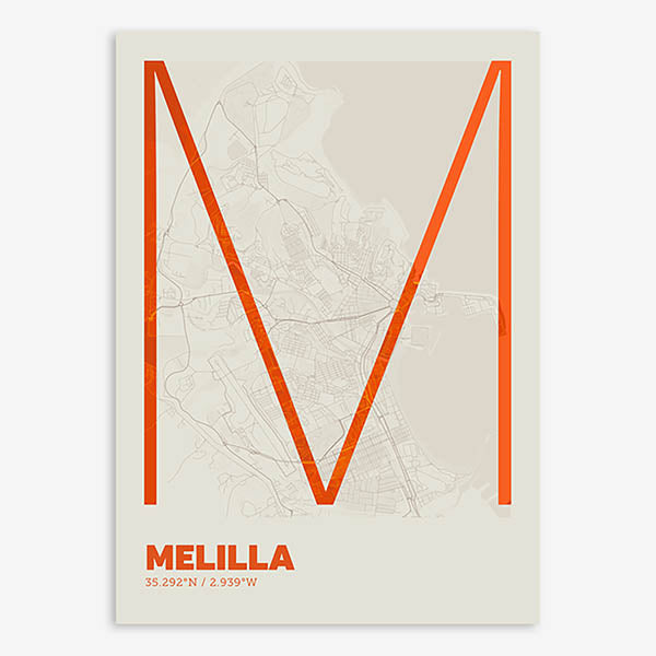 Poster of Melilla composed with letters in extra light font printed on orange and an off-white background