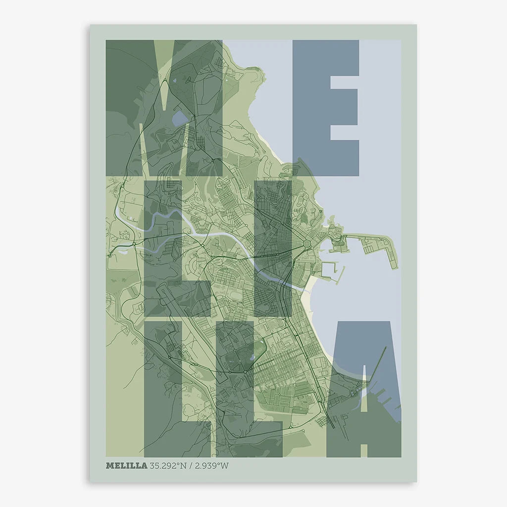 Decorative print of Melilla with letters of its name placed randomly, designed in two green tones
