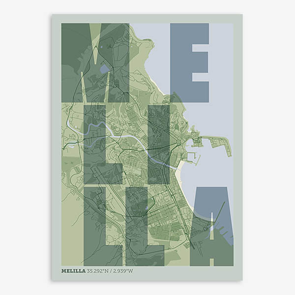 Decorative print of Melilla with letters of its name placed randomly, designed in two green tones