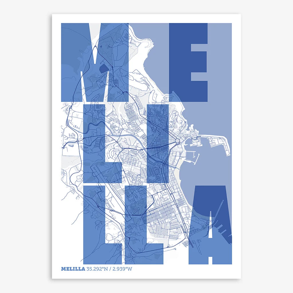 Decorative print of Melilla with letters of its name placed randomly, designed in navy blue and white