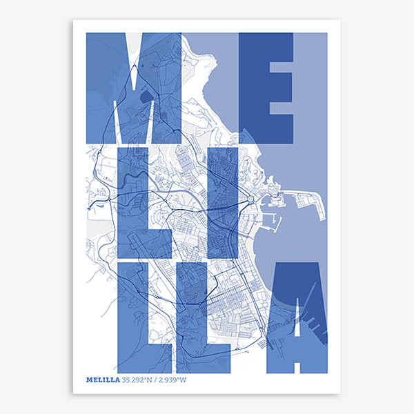 Decorative print of Melilla with letters of its name placed randomly, designed in navy blue and white