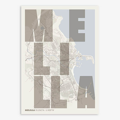 Decorative print of Melilla with letters of its name placed randomly, designed in light brown and an off-white background