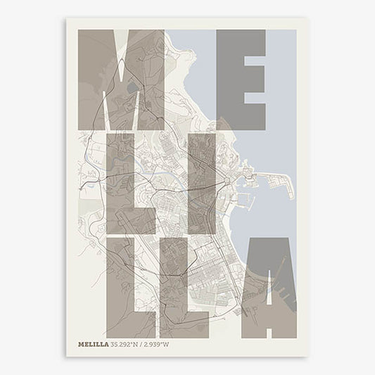 Decorative print of Melilla with letters of its name placed randomly, designed in light brown and an off-white background