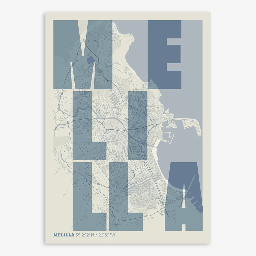 Decorative print of Melilla with letters of its name placed randomly, designed in bluish gray and an off-white background