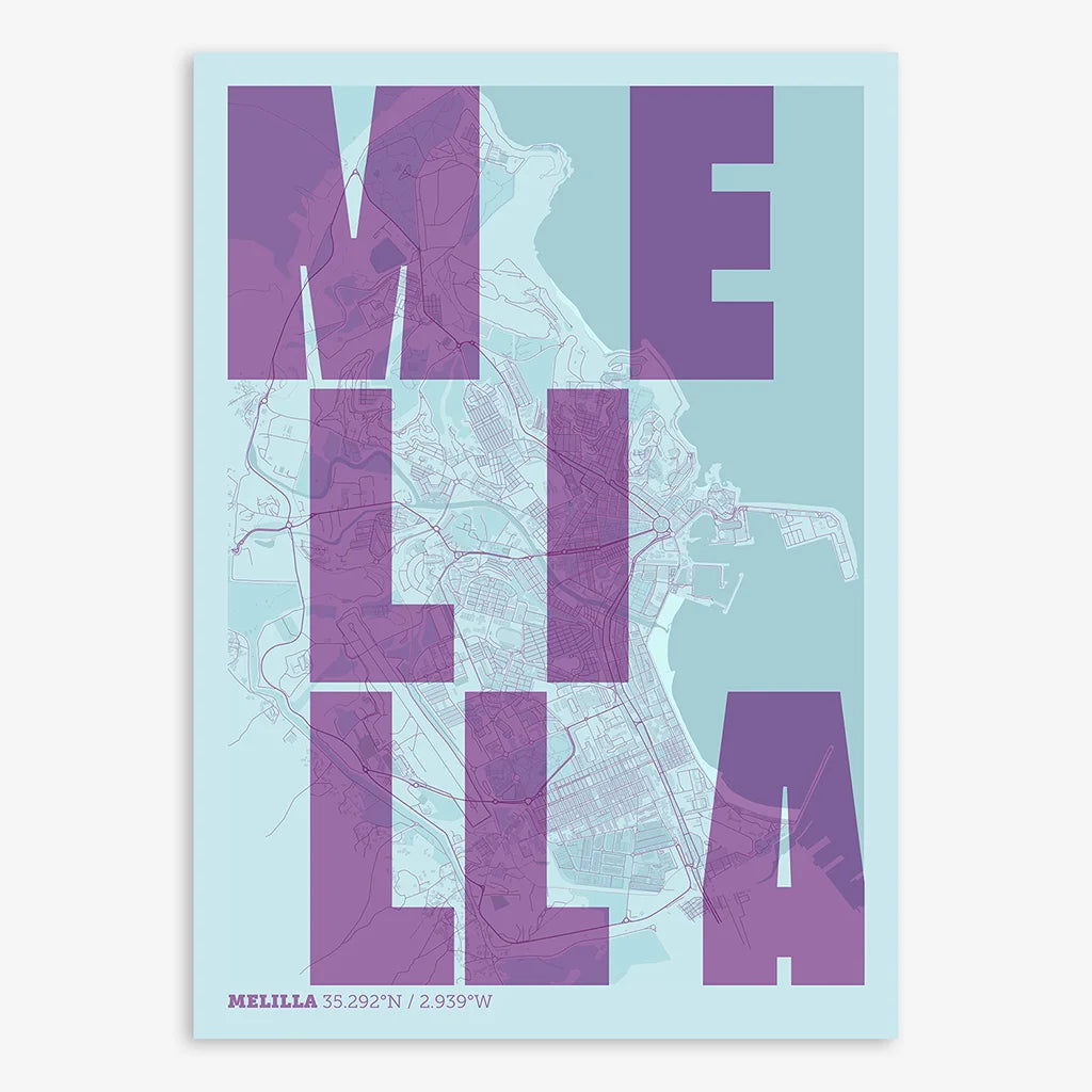 Decorative print of Melilla with letters of its name placed randomly, designed in purple and light blue
