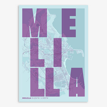 Decorative print of Melilla with letters of its name placed randomly, designed in purple and light blue
