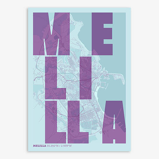 Decorative print of Melilla with letters of its name placed randomly, designed in purple and light blue