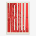 Mapa de Melilla en el diseño la Extra Comprimida, donde las letras se ajustan al ancho del mapa de la ciudad diseñado en rojo y fondo blanco roto